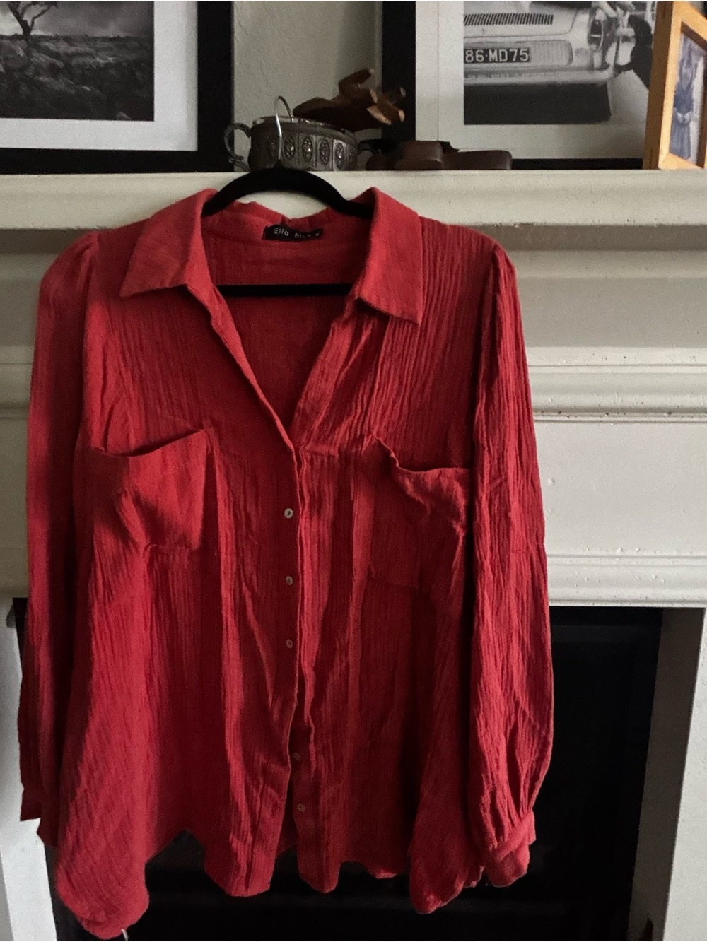 Ella Blue Red Textured Button-Front Blouse cotton rusty blouse top oversized M